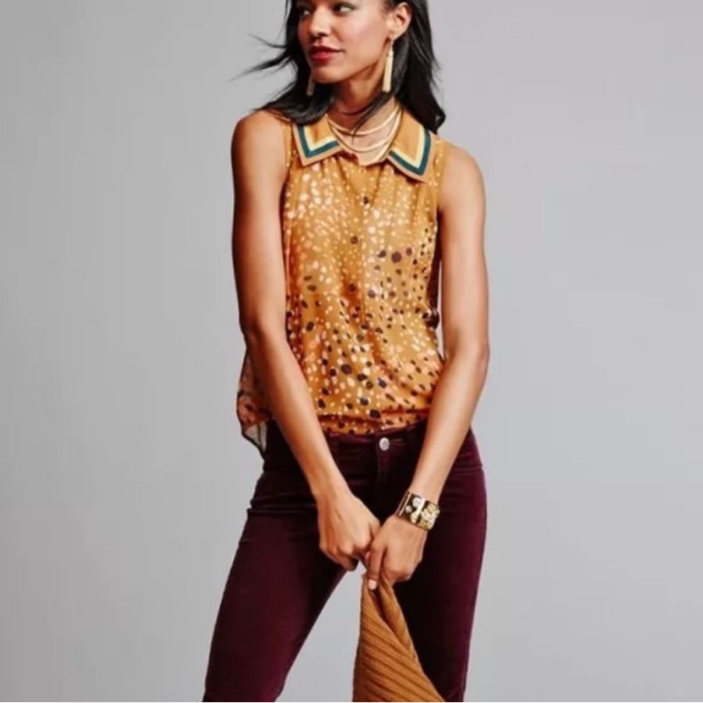 CAbi Gold & Blue Dot Print Sleeveless Button Front Cheers Blouse